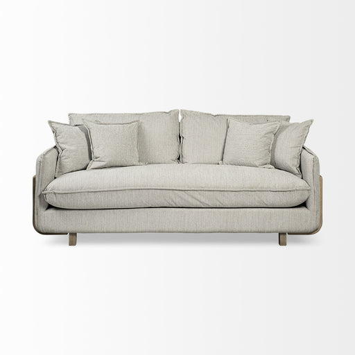 Gray fabric stationary sofa with matching toss pillows, modern design, and clean lines from HomeRoots.