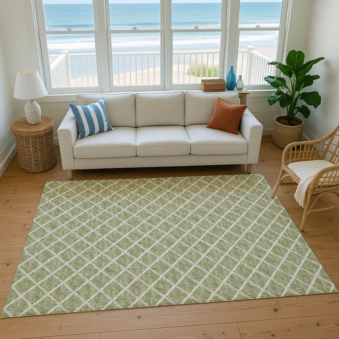 10' X 14' Geometric Washable Area Rug With UV Protection - Artichoke Green / Ivory