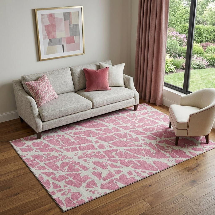 5' X 8' Abstract Washable Area Rug With UV Protection (646574) - Pink / Ivory