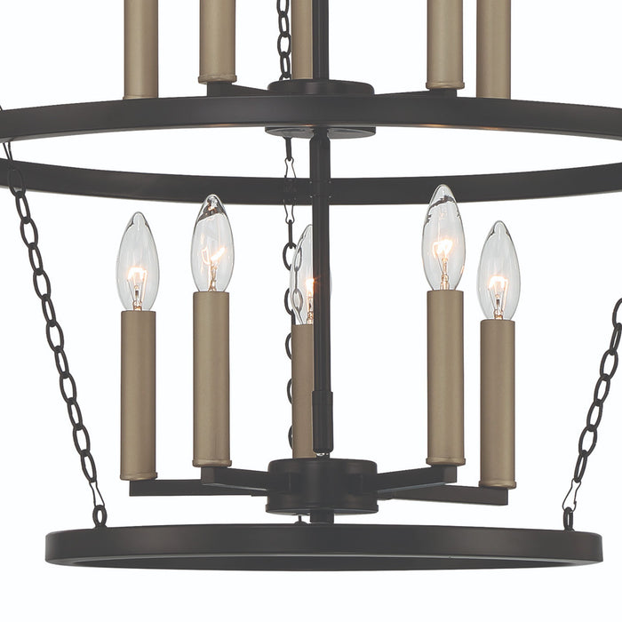 HomeRoots black and gold ten-light metal chandelier with candle-style design and dimmable feature, hanging fixture for elegant lighting.