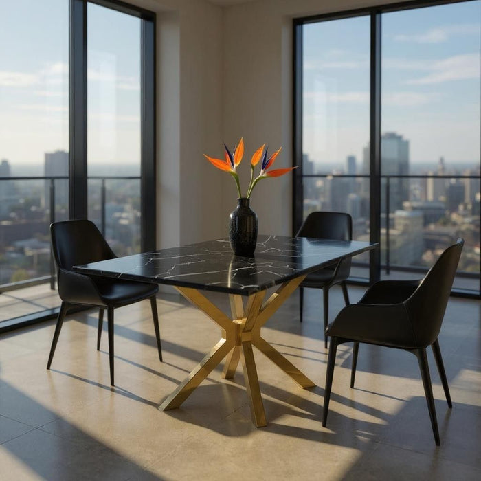79" Marble And Metal Cross Leg Base Dining Table - Black