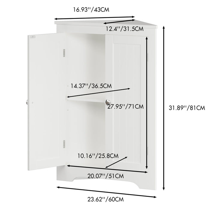 White Giga linen corner cabinet with two doors and adjustable shelves, ideal for bathroom storage.