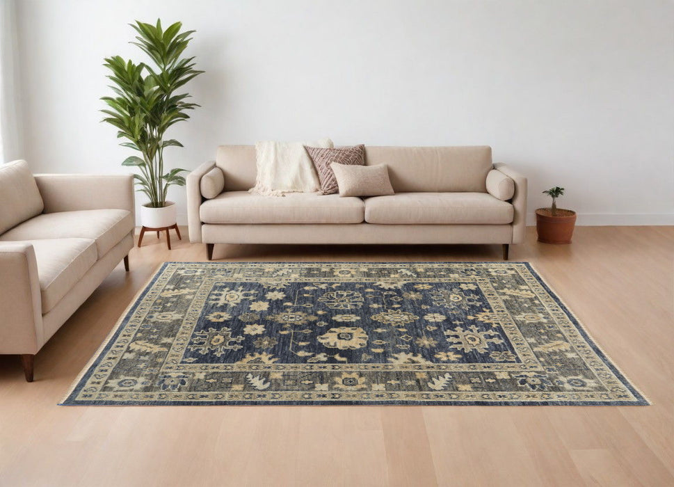 10' x 14' Wool Floral Hand Knotted Area Rug With Fringe - Blue And Gray