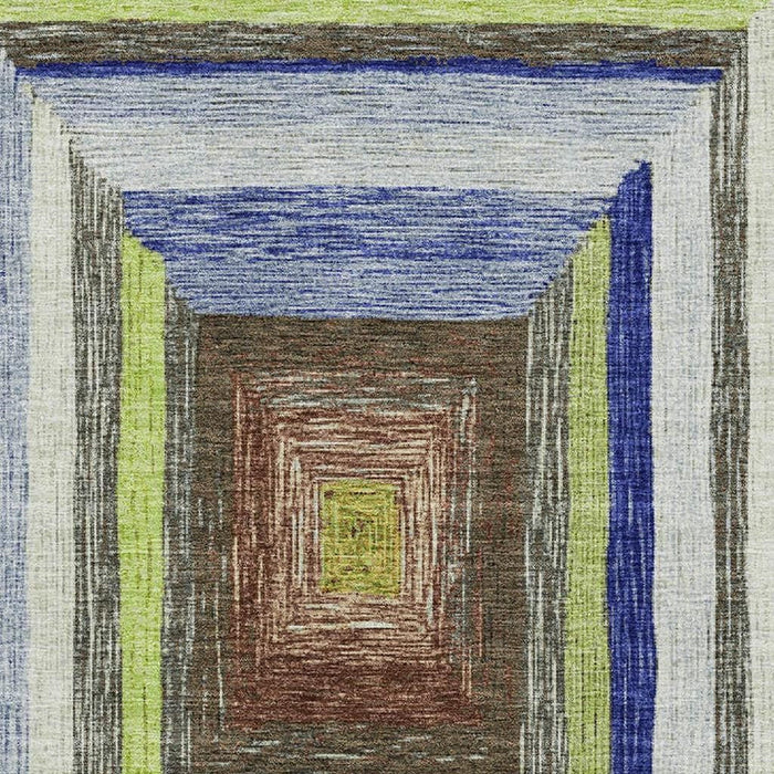 Lime green, blue, and brown geometric washable area rug with UV protection from HomeRoots, 10x14 feet, featuring modern pattern.