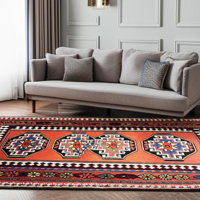 6' X 8' Tribal Washable Area Rug With UV Protection (610087) - Red / Orange