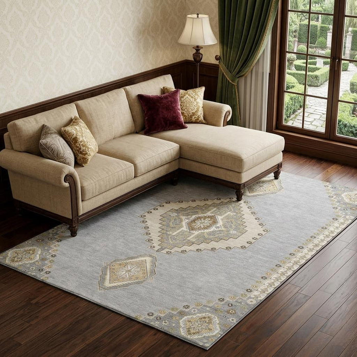 10' X 14' Oriental Washable Area Rug With UV Protection (679576) - Gray / Gold / Beige