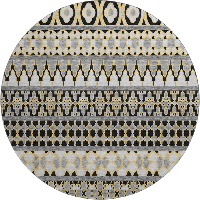 8' Copper Ikat Washable Round Rug With UV Protection - Charcoal
