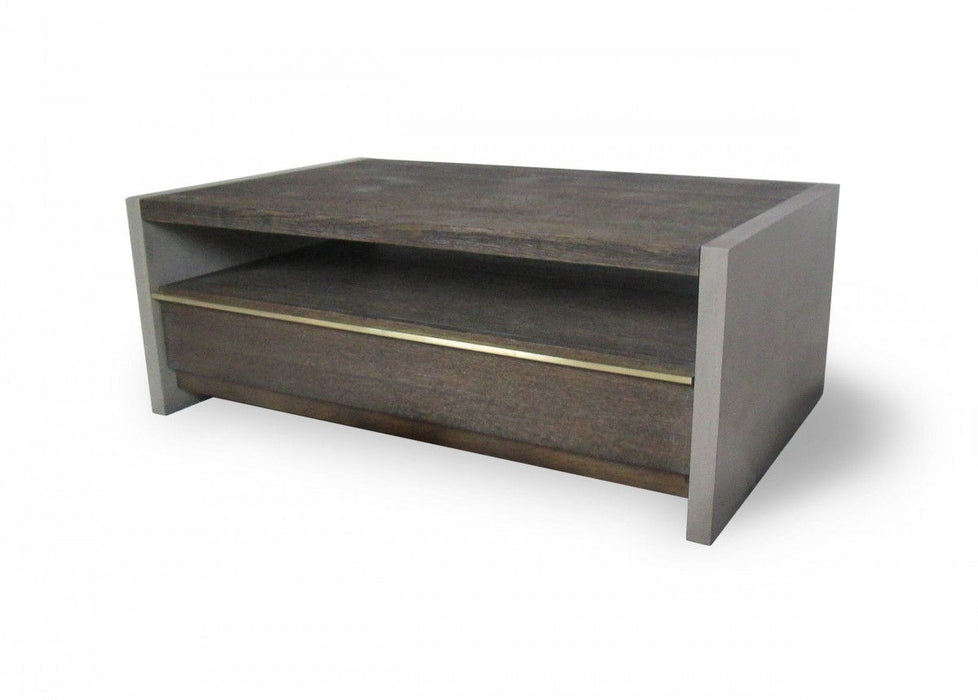 Rectangular Coffee Table With Drawer And Shelf - Dark Gray Walnut And Concrete