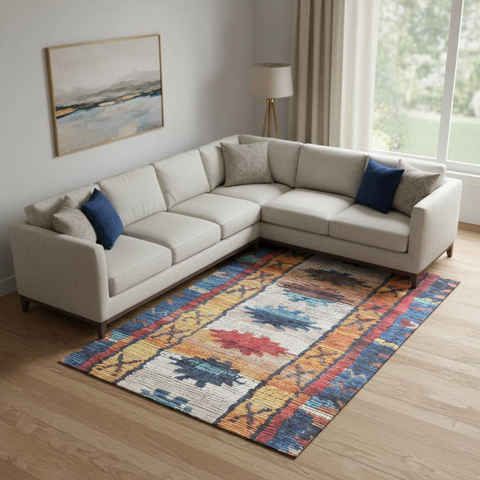 10' X 14' Tribal Washable Area Rug With UV Protection (709048) - Navy Blue / Orange / Red