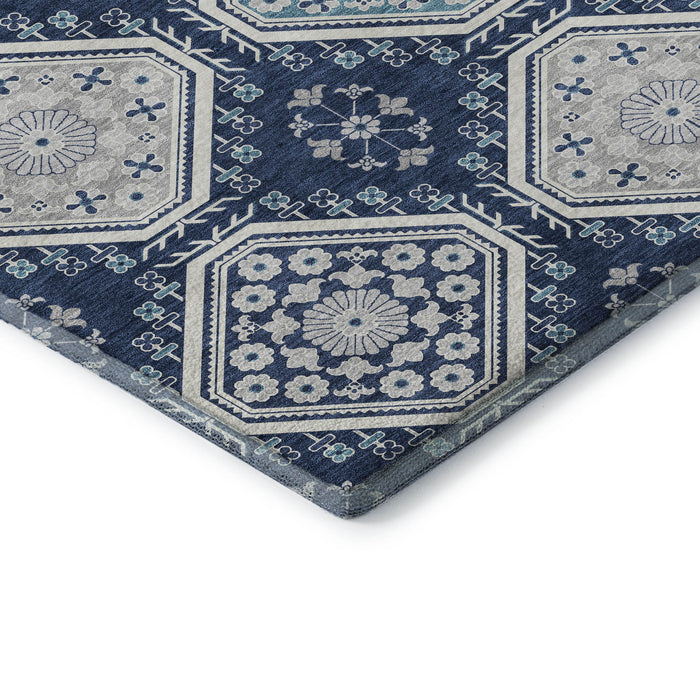 10' X 14' Floral Washable Area Rug With UV Protection (693744) - Navy Blue / Ivory