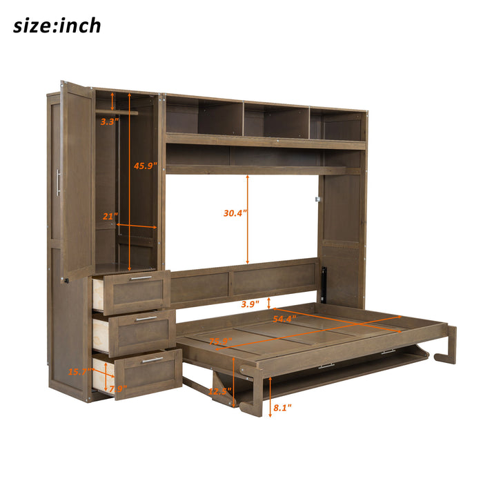 Wood full size Murphy bed from Giga with integrated wardrobe, drawers, and open shelves for versatile storage and space-saving design.