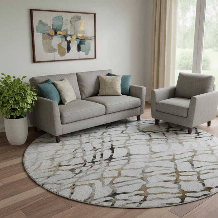 8' Abstract Washable Round Rug With UV Protection (651127) - Silver / Gray / Brown