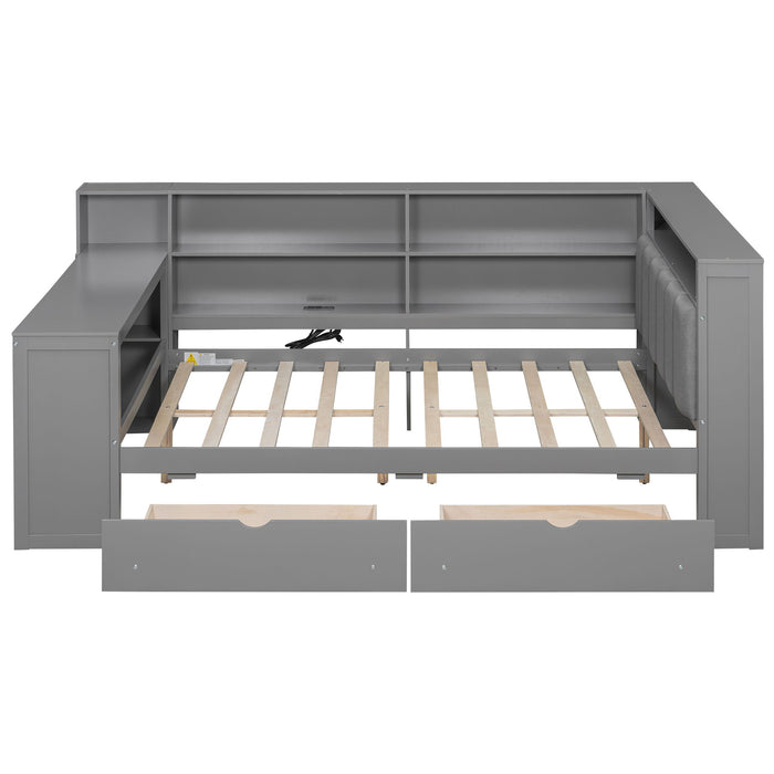 Giga platform storage bed with upholstered headboard, built-in desk, LED lighting, storage drawers, shelves, and charging station.