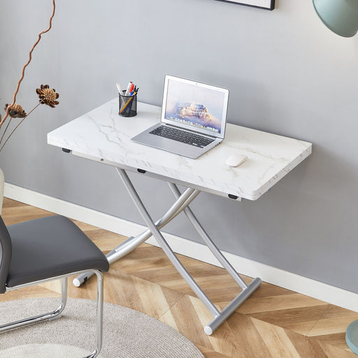Modern Giga minimalist lift top desk with white surface and silver metal legs, showcasing its multifunctional design and adjustable height.