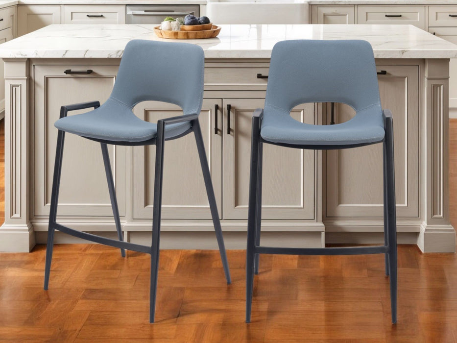 26" Faux Leather And Steel Low Back Counter Height Bar Chairs (Set of 2) - Blue / Black