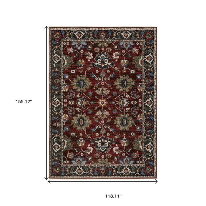 10' X 13' Oriental Area Rug With Fringe - Red And Charcoal