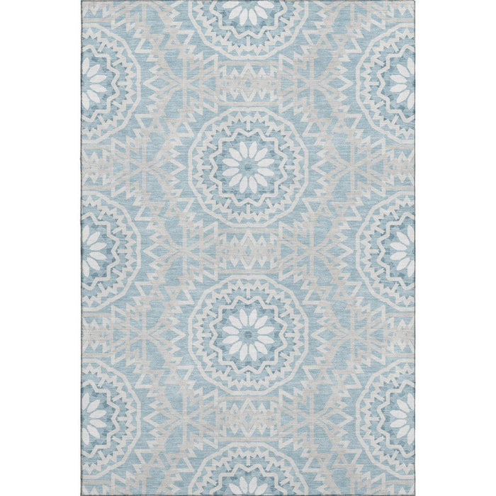 10' X 14' Geometric Washable Area Rug With UV Protection (652221) - Denim Blue / Ivory