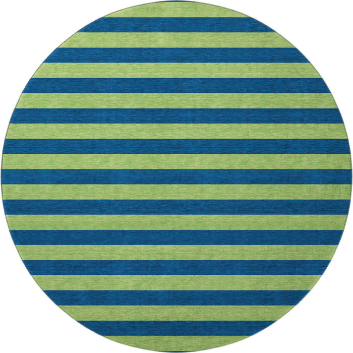 8' Striped Washable Round Rug With UV Protection (647755) - Navy Blue / Green