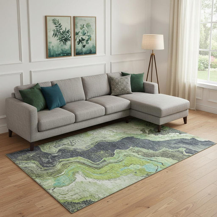 10' X 14' Abstract Washable Area Rug With UV Protection (707713) - Artichoke Green / Gray / Ivory