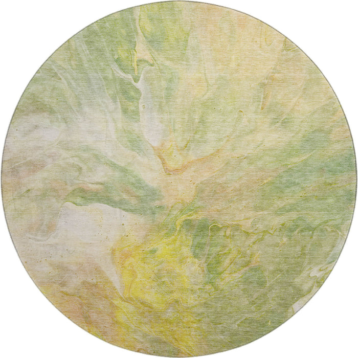 8' Abstract Washable Round Rug With UV Protection (653485) - Green / Peach / Yellow