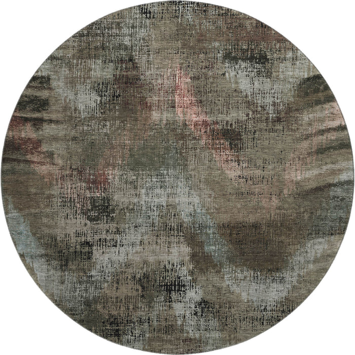 8' Abstract Washable Round Rug With UV Protection - Brown And Gray
