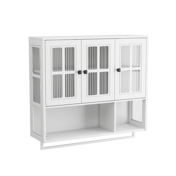 Giga 3-door wall display cabinet with glass doors and towel bar, modern storage solution for bathroom or kitchen walls