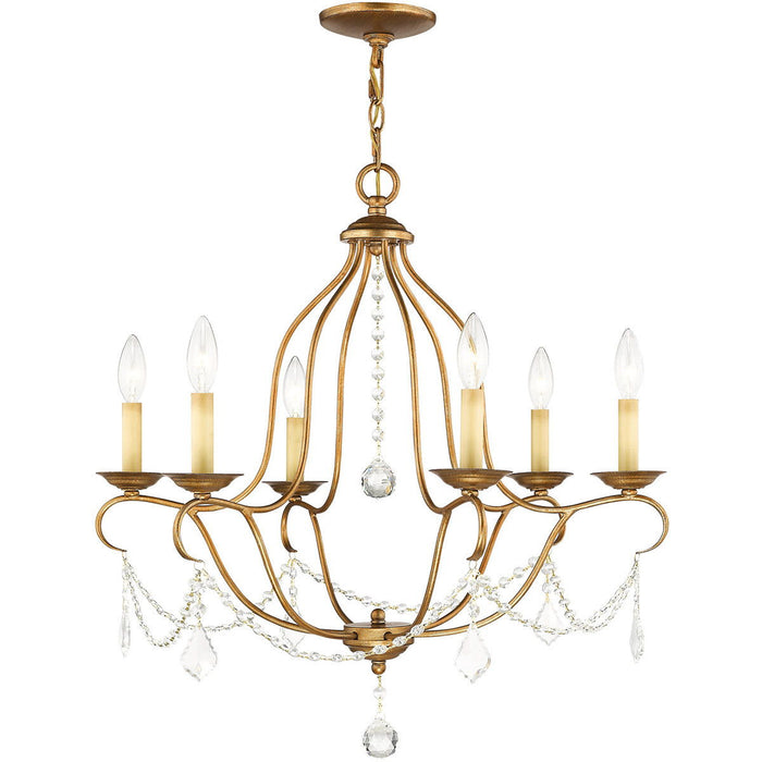 HomeRoots 26-inch six-light dimmable chandelier with shades in antiqued gold finish, showcasing elegant design and lighting fixtures.