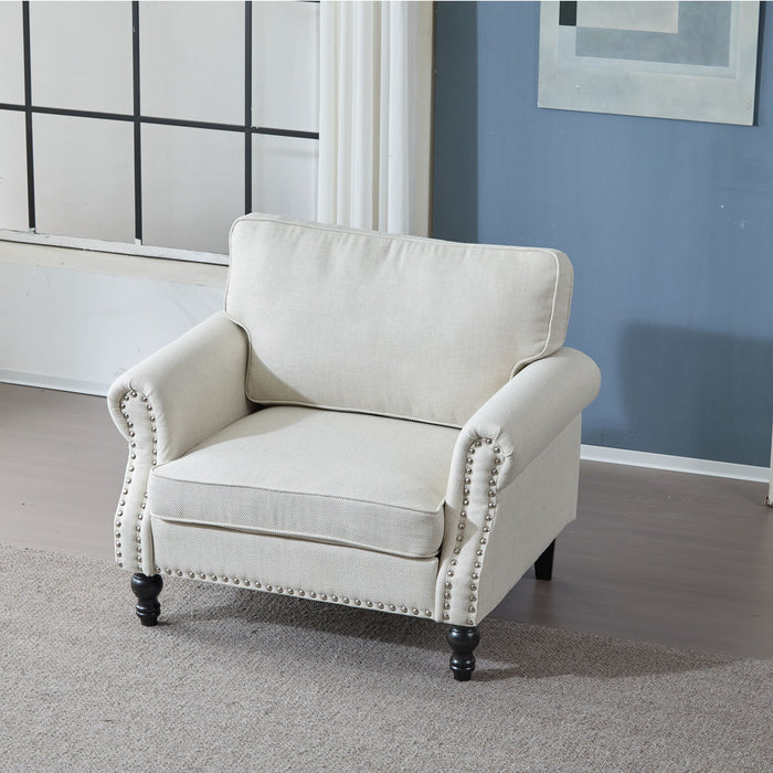 Giga rolled arm stationary 1-seater sofa with nailhead trim, upholstered fabric, wooden legs, and classic design.
