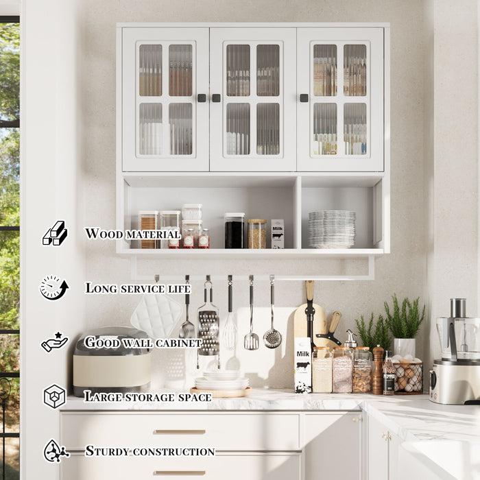 Giga 3-door wall cabinet with glass doors and towel bar, featuring sleek storage for bathroom or kitchen organization.