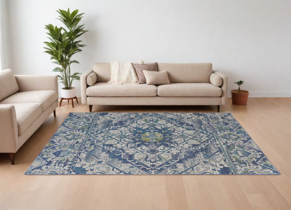 10' x 13' Oriental Power Loom Area Rug - Green Blue And Ivory