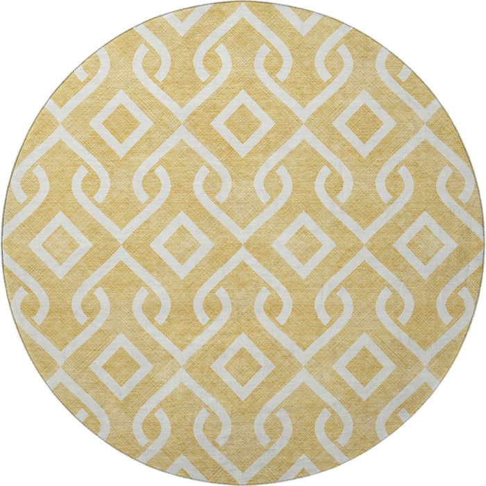 8' Geometric Washable Round Rug With UV Protection (652506) - Gold / Ivory