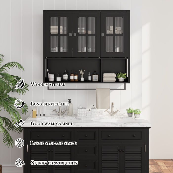 Giga 3-door wall cabinet with glass doors and towel bar, ideal for kitchen or bathroom storage, mounted on a wall.