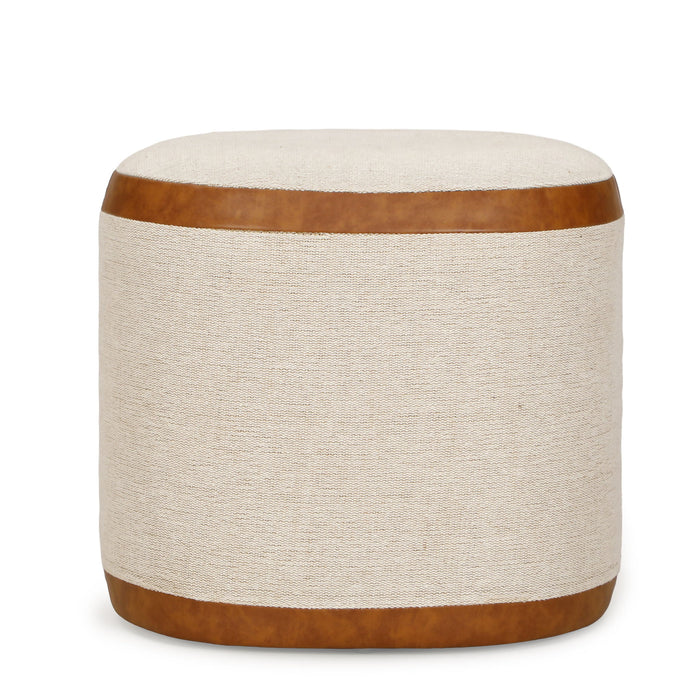 Natural cotton jute and vegan leather oval upholstered ottoman by TOV Furniture with a sleek, modern design and cushioned top.