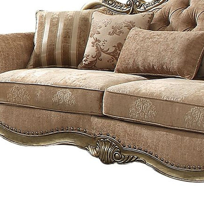 Brown velvet floral sofa with champagne legs and matching toss pillows, stylish stationary sofa by HomeRoots.