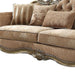 Brown velvet floral sofa with champagne legs and matching toss pillows, stylish stationary sofa by HomeRoots.