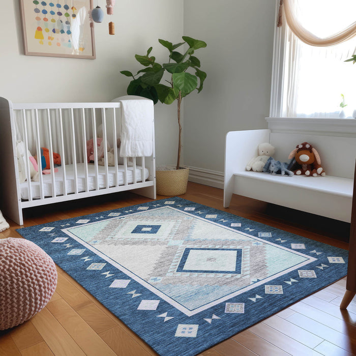 14' X 10' Southwest Geometric Washable Area Rug With UV Protection - Blue And Ivory