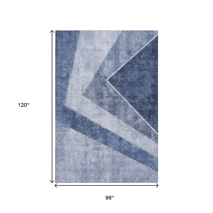 8' X 10' Geometric Washable Area Rug With UV Protection (655559) - Blue / Ivory