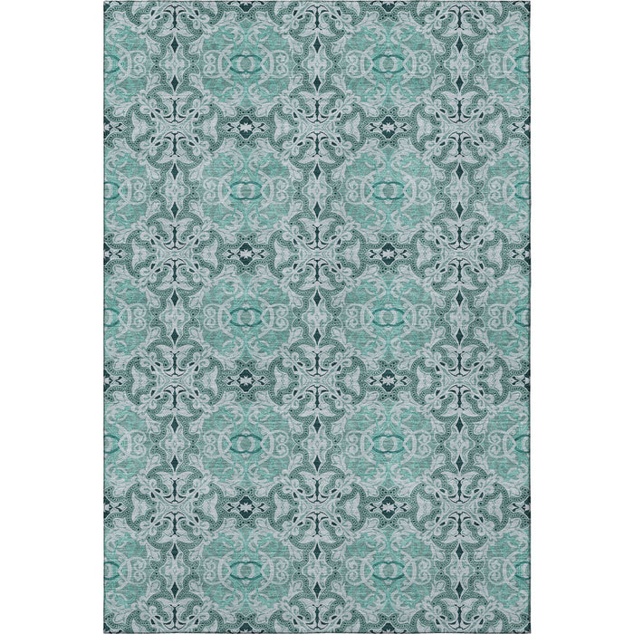 10' X 14' Medallion Washable Area Rug Polyester With UV Protection - Teal And Ivory