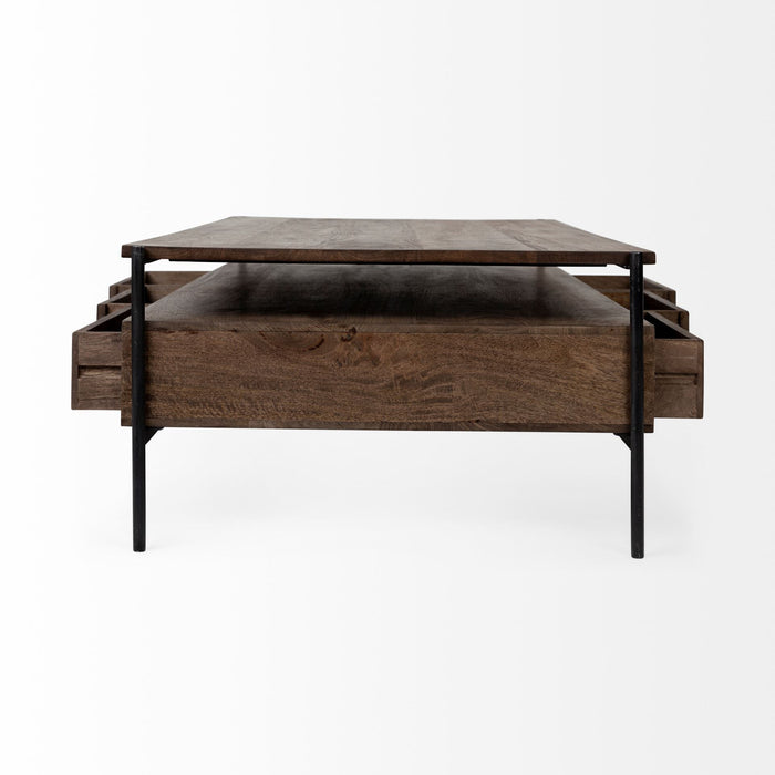 Rectangular Solid Wood Metal Coffee Table W 3 Drawers - Brown And Black