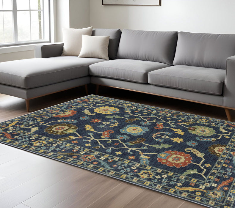 7' X 10' Oriental Area Rug With Fringe - Blue And Gold