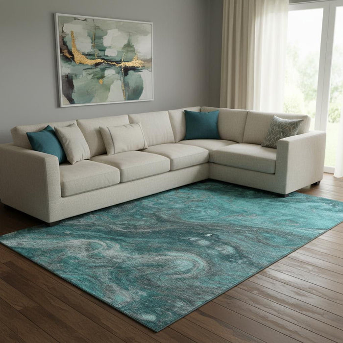 10' X 14' Abstract Washable Area Rug With UV Protection (650854) - Teal / Gray / Ivory