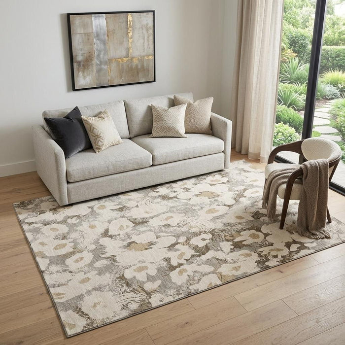 5' X 8' Floral Washable Area Rug With UV Protection (648168) - Khaki / Gray / Ivory