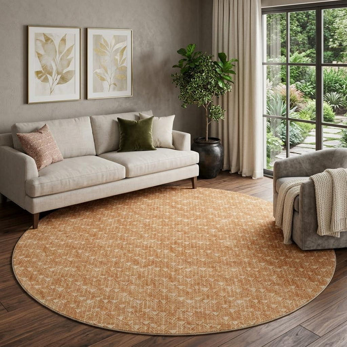 8' Geometric Washable Round Rug With UV Protection (647113) - Salmon / Ivory
