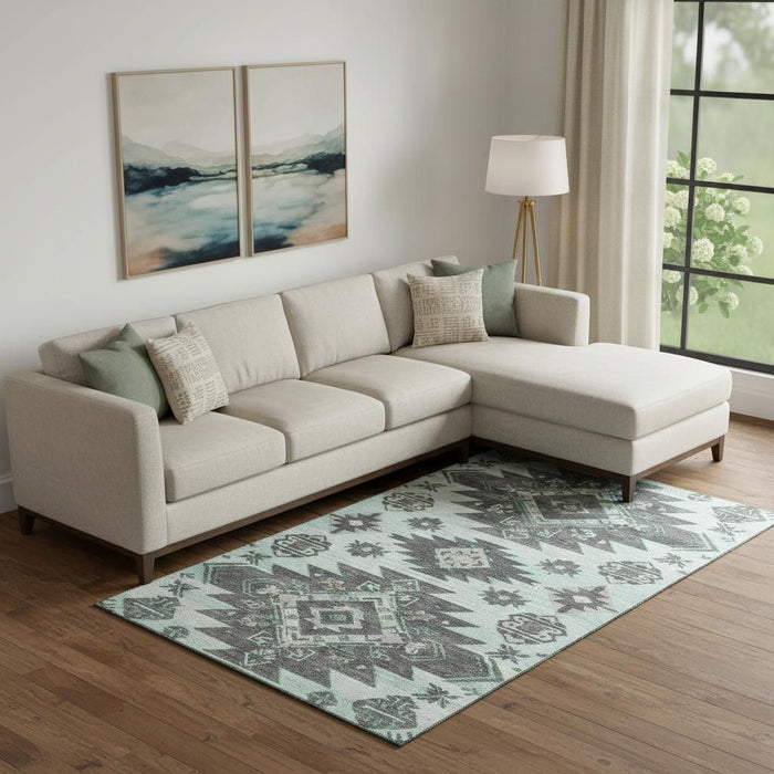 10' X 14' Tribal Washable Area Rug With UV Protection (709006) - Mint Green / Charcoal / Gray
