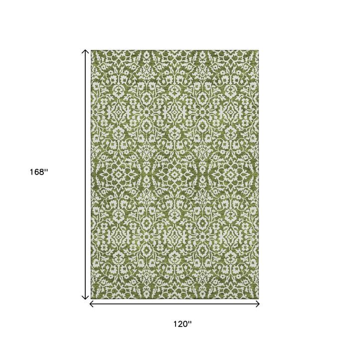 10' X 14' Damask Washable Area Rug With UV Protection (673157) - Olive Green / Ivory