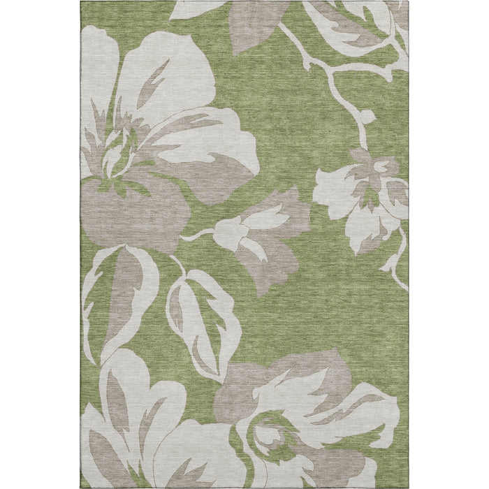8' X 10' Floral Washable Area Rug With UV Protection (668003) - Olive Green / Gray