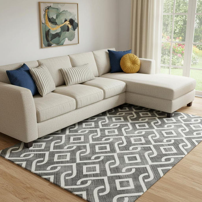 10' X 14' Geometric Washable Area Rug With UV Protection (652467) - Black / Ivory