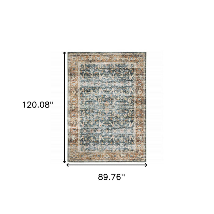 7' x 10' Oriental Printed Stain Resistant Non Skid Area Rug - Blue Rust Gold And Olive