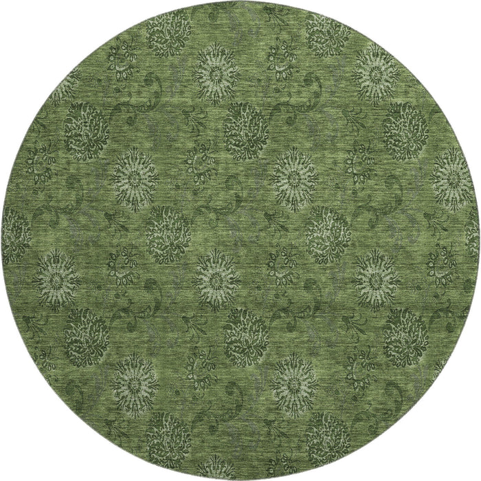 8' Floral Washable Round Rug With UV Protection - Olive Green And Ivory