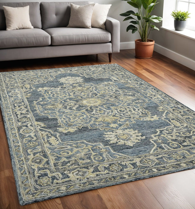5' X 7' Wool Oriental Hand Tufted Area Rug - Denim Blue And Ivory
